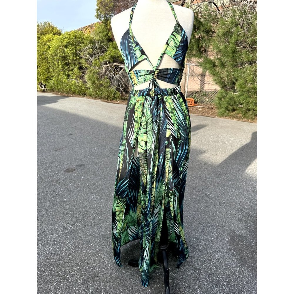 Dress Medium Green Floral Tropical Hawaii Maxi Sexy V Neck Adult Womens